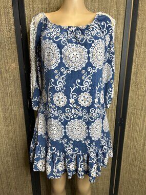 DG-138 2B Together Size Small Blue & White Boho Floral Print Dress w/ Lace